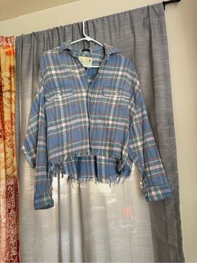 R13 Blue Plaid Cropped Button-Down Shirt Size Small